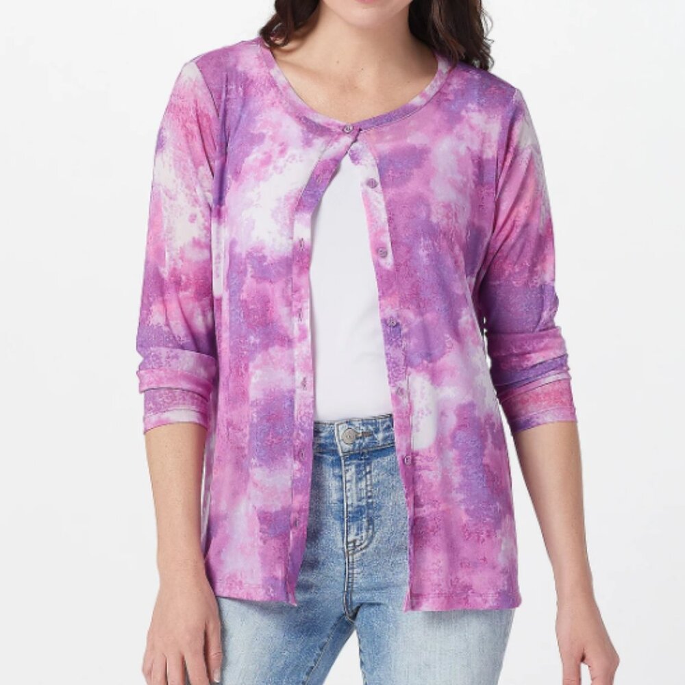 LOGO Layers by Lori Goldstein Tie-Dye Mesh Button Cardigan   16100